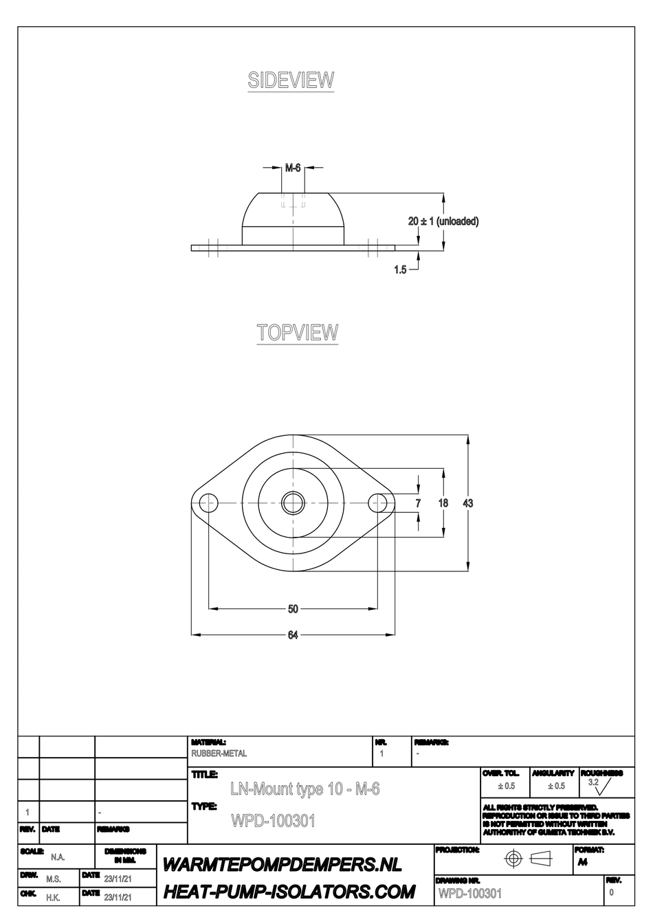 Vibration damper Air conditioning / Heat pump - LN-Mount type 10 - M6 - 40 shore - max. 3 kg