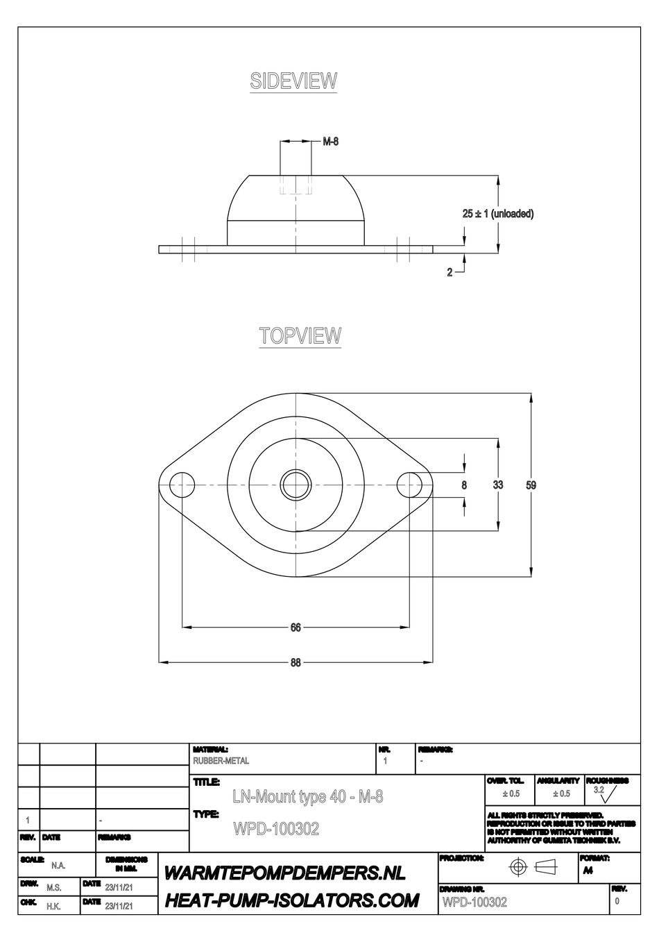 Vibration damper Air conditioning / Heat pump - LN-Mount type 40 - M8 - 40 shore - max. 20 kg