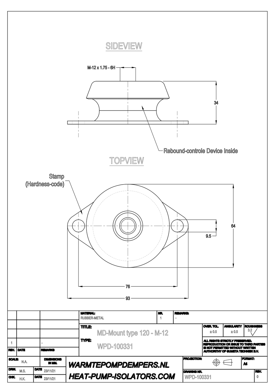 Vibration damper Air conditioning / Heat pump - MD-Mount type 120 - M12 - 04 - max. 25 kg